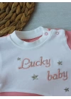 0-3 3-6 Ay Lucky Baby Nakışlı Es Çizgi Boy Şapkalı Kız Bebek Tulumu Pudra