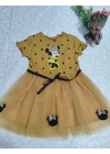 2-3-4 Yaş Puantiyeli Mickey Baskılı Kurdela Kuşaklı Astarlı Kız Bebek Tütü Elbisesi Hardal