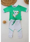 3-6 6-9 9-12 12-18 Ay Yavru Koala Nakışlı Uzun Kollu Sweat 2li Kız Erkek Bebek Takımı Yeşil