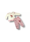 3-6 6-9 9-12 Ay Flamingo Nakışlı Uzun Kollu Sweatli 2li Kız Bebek Takımı Ekru