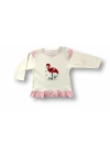 3-6 6-9 9-12 Ay Flamingo Nakışlı Uzun Kollu Sweatli 2li Kız Bebek Takımı Ekru