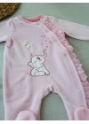 3-6 6-9 9-12 Ay Romantik Fil Nakışlı Pembe Süslü Kız Bebek Tulumu Pembe