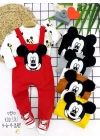3-6-9-12 Ay Mickey Figürlü Uzun Kollu Baskılı Sweatli 2li Kız Erkek Bebek Salopet Takımı Kırmızı