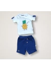 6-9 9-12 12-18 Ay Ananas Nakışlı Kısa Kollu Sweatli Şortlu 2li Kız-erkek Bebek Takımı Mavi