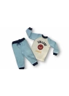 9-12 12-18 18-24 24-36 Ay College Baskılı 3 İplik Kumaş Uzun Kollu Sweatli 2li Erkek Bebek Takımı Mavi