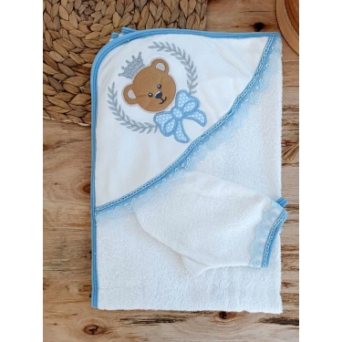 0-1 Yaş Bear Nakışlı El Keseli 2li Erkek Bebek Havlu Takımı Mavi