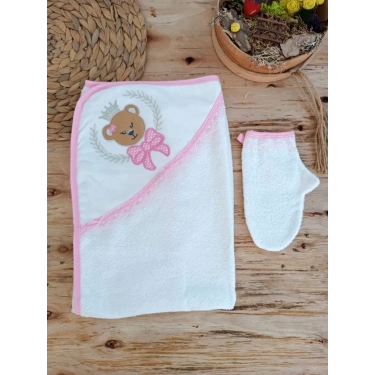 0-1 Yaş Bear Nakışlı El Keseli 2li Kız Bebek Havlu Takımı Pembe