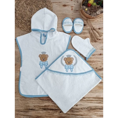 0-1 Yaş Bear Nakışlı Pareolu 4lü Erkek Bebek Havlu Silgi Takımı Mavi