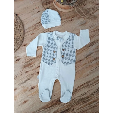 0-3 3-6 6-9 Ay Şapkalı Yelek Detaylı Boydan Çıtçıt Erkek Bebek Tulumu Ekru