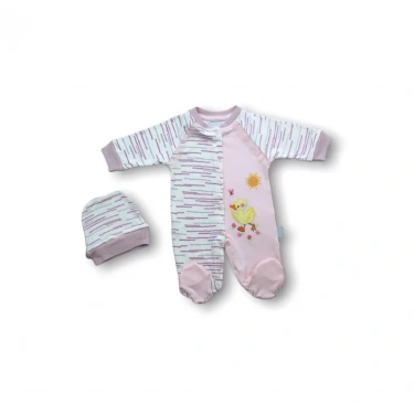 0-3 3-6 6-9 Ay Süslü Ördek Nakışlı Şapkalı Kız Bebek Tulumu Pembe