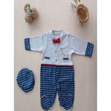 0-3 3-6 Ay Cep Saatli Kasketli Papyonlu Erkek Bebek Tulum Lacivert