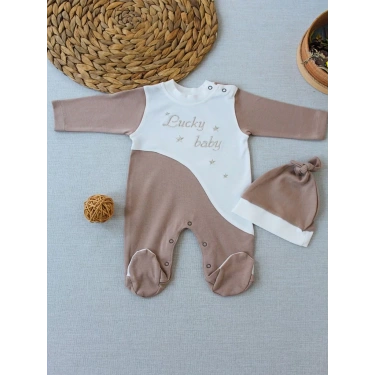 0-3 3-6 Ay Lucky Baby Nakışlı Es Çizgi Boy Şapkalı Erkek Bebek Tulumu Kahverengi