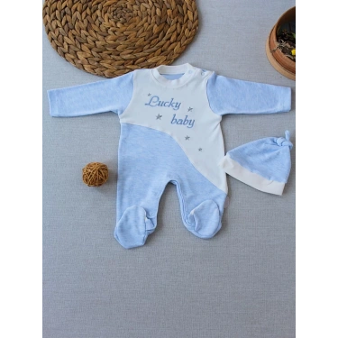 0-3 3-6 Ay Lucky Baby Nakışlı Es Çizgi Boy Şapkalı Erkek Bebek Tulumu Mavi