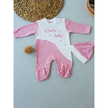 0-3 3-6 Ay Lucky Baby Nakışlı Es Çizgi Boy Şapkalı Kız Bebek Tulumu Pembe