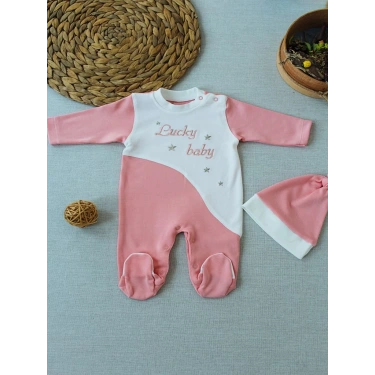 0-3 3-6 Ay Lucky Baby Nakışlı Es Çizgi Boy Şapkalı Kız Bebek Tulumu Pudra