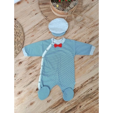 0-3 3-6 Ay Papyonlu Çizgi Desen Çıtçıt Kapama Kasketli Erkek Bebek Tulumu Lacivert