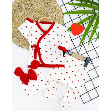 0-3 Ay Piti Kalp Desenli Şapkalı Patikli 3lü Kız Bebek Takımı Ekru