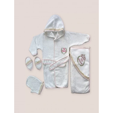 0-6 Ay Kaplan Nakışlı Bornozlu 5li Kız Bebek Havlu Silgi Takımı Pembe