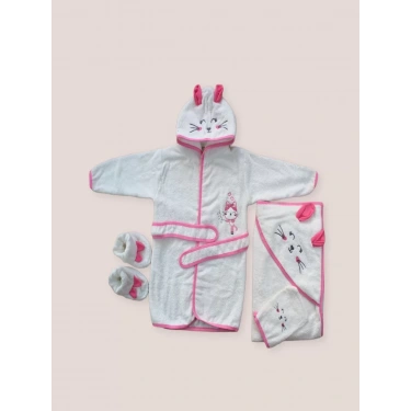 0-6 Ay Kedicik Nakışlı Bornozlu 5li Kız Bebek Havlu Silgi Takımı Fuşya