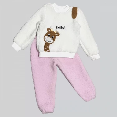 1-2-3 Yaş Hello Zürafa Nakışlı Kuzu Kumaş Sweat Pantolon Uzun Kollu Kız Erkek 2 Li Takımı Pembe