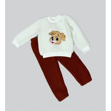 1-2-3 Yaş Mutlu Köpekcik Nakışlı Kuzu Kumaş Sweat Patili Pantolon Uzun Kollu Kız Erkek 2 Li Takımı Bordo