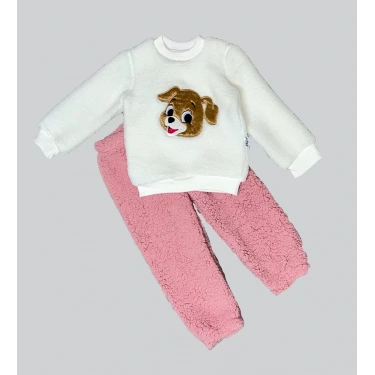 1-2-3 Yaş Mutlu Köpekcik Nakışlı Kuzu Kumaş Sweat Patili Pantolon Uzun Kollu Kız Erkek 2 Li Takımı Gül Kurusu