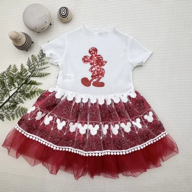 1-2-3 Yaş Payetli Mickey Baskılı Brode Etekli Kız Bebek Elbisesi Kırmızı