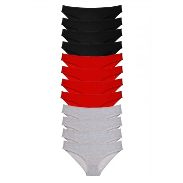 12 Adet Süper Eko Set Likralı Kadın Slip Külot Siyah Kırmızı Gri