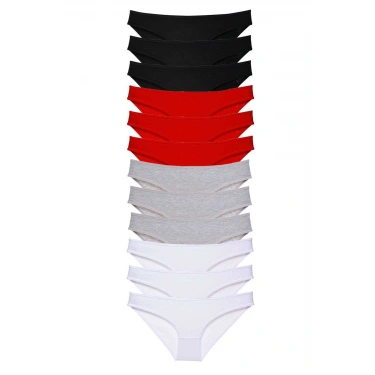 12 Adet Süper Eko Set Likralı Kadın Slip Külot Siyah Kırmızı Gri Beyaz