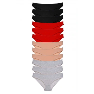 12 Adet Süper Eko Set Likralı Kadın Slip Külot Siyah Kırmızı Ten Gri