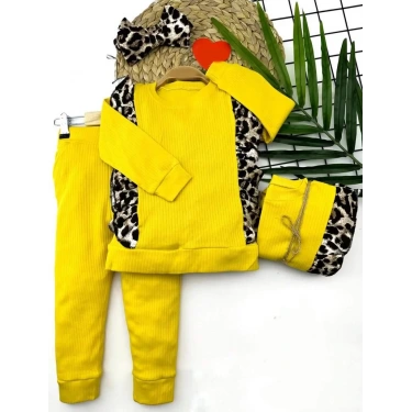 2-3-4-5 Yaş Bandanalı Leopar Baskılı Uzun Kollu 2li Kız Çocuk Takımı Sarı