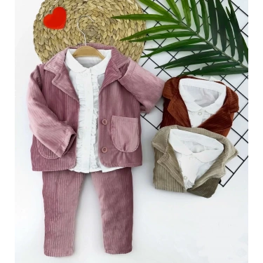 2-3-4-5 Yaş Düğme Kapamalı Fırfır Gömlekli Kadife Ceket Pantolon 3lü Kız Bebek Takımı Kahverengi