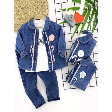 2-3-4-5 Yaş Düğme Kapamalı Kot Ceket 3lü Kız Çocuk Takımı Mavi