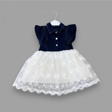 2-3-4 Yaş Astarlı Brode Etekli Kot Kumaş Düğmeli Kız Çocuk Elbisesi Lacivert