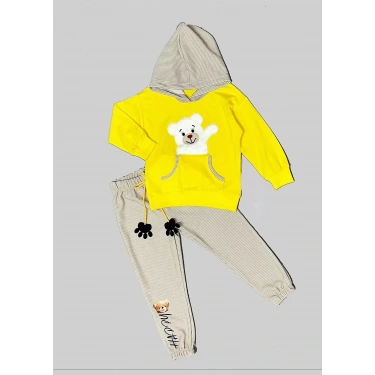 2-3-4 Yaş Pelüş Ayı Desenli Kapşonlu Uzun Kollu Penye Sweat 2li Erkek Çocuk Takımı Sarı