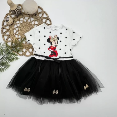 2-3-4 Yaş Puantiyeli Mickey Baskılı Kurdela Kuşaklı Astarlı Kız Bebek Tütü Elbisesi Siyah