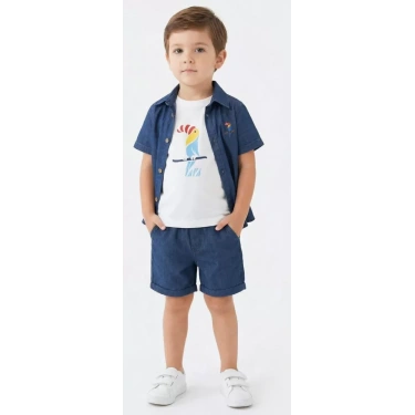 2/6 Yaş Denim Gömlek Şortlu 3lü Çocuk Takımı