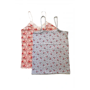 2 Adet Kadın Askılı Desenli Atlet Dantelli Empirme Pamuklu Penye D1-2