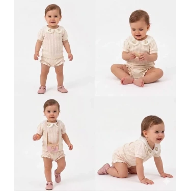 3/12 Ay Çiçekli Yaka Jakar Kumaş Şortlu Bebek Takımı