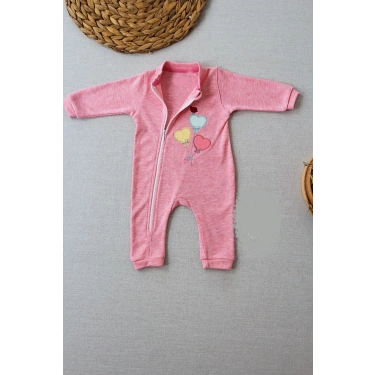 3-6 18-24 24-36 Ay Uçan Balonlar Nakışlı Ef Boy Fermuarlı Kız Bebek Tulumu Pembe