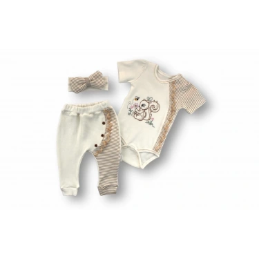 3-6 6-9 9-12 Ay Minik Sincap Nakışlı Şapkalı Uzun Kollu Zıbınlı 3lü Kız Bebek Takımı Kahverengi