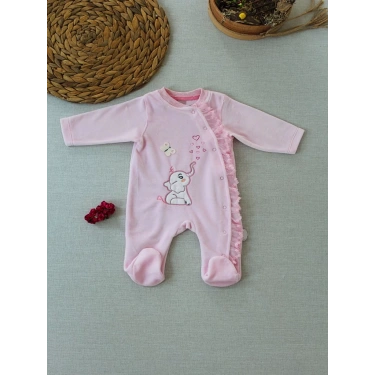 3-6 6-9 9-12 Ay Romantik Fil Nakışlı Pembe Süslü Kız Bebek Tulumu Pembe