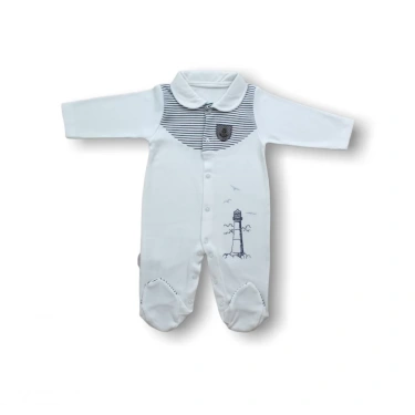 3-6 6-9 Ay Deniz Feneri Nakışlı Patikli Uzun Kollu Erkek Bebek Tulumu Ekru