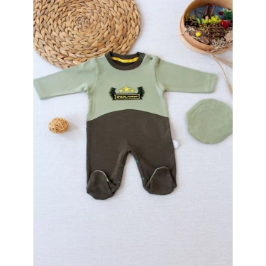 3-6 9-12 12-18 Ay Özel Kuvvetler Nakışlı Bere Şapkalı Kız Erkek Bebek Tulumu Yeşil