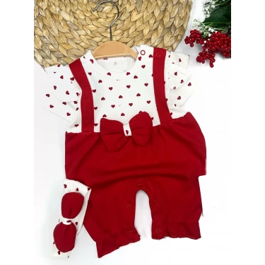 3-6-9-12 Ay Bandanalı Piti Kalp Baskılı Salopet Görünümlü 2li Kız Bebek Takımı