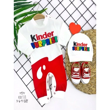 3-6-9-12 Ay Kinder Surprise Baskılı Çıtçıt Kapamalı Şapkalı 2li Kız Erkek Bebek Tulumu Ekru