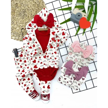 3-6-9-12 Ay Kulak Fiyonklu Kapşonlu Kalp Baskılı 3lü Kız Bebek Takımı Kırmızı