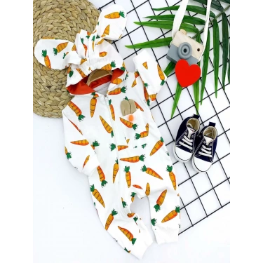 3-6-9-12 Ay Kulaklı Kapşonlu Havuç Baskılı Uzun Kollu Kız Erkek Bebek Tulumu Ekru