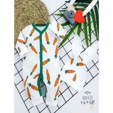 3-6-9-12 Ay Kulaklı Şapkalı Havuç Baskılı Boydan Çıtçıtlı Uzun Kollu Kız Erkek Bebek Tulumu Beyaz