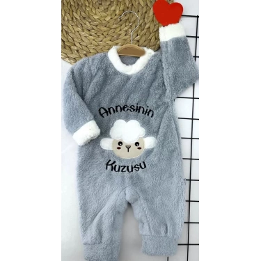 3-6-9-12 Ay Kuzu Tüylü Kumaş Annesinin Kuzusu Nakışlı Alttan Çıtçıtlı Kız Erkek Bebek Tulumu Gri